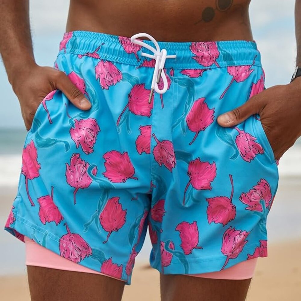 Men's Lined Swim Trunks 2-in-1 Swim Suit | Medium | Floral Pattern | 30 - 32 - Picture 1 of 7